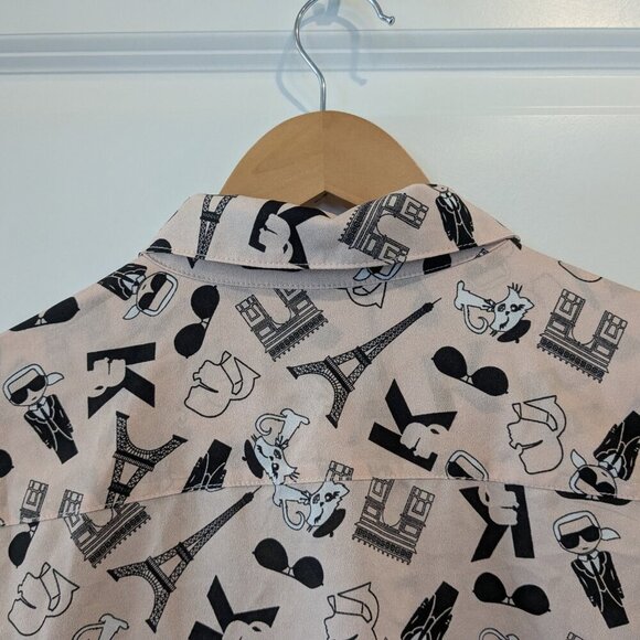 Karl Lagerfeld Button-up Blouse Women's Medium Pink Graphic Cats Paris Top - Picture 9 of 16